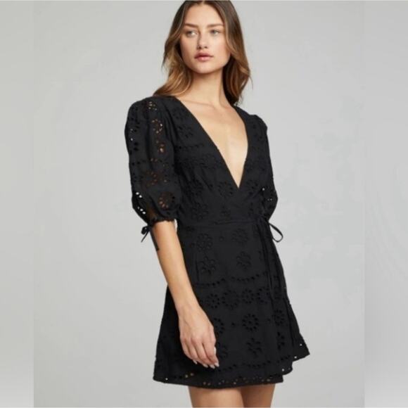 Chaser Dresses & Skirts - Chaser Cassia Black Eyelet Mini Wrap Dress